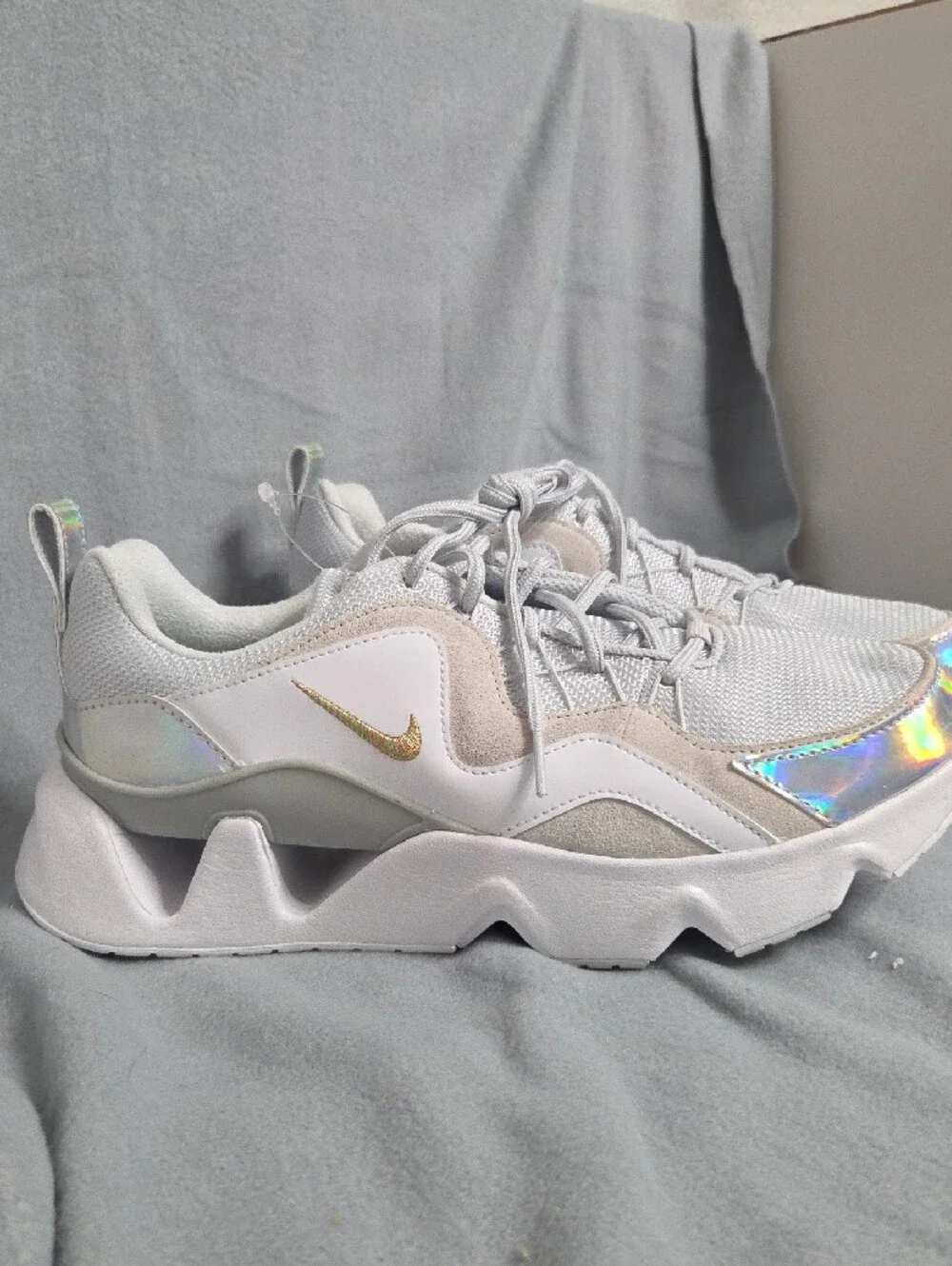 Nike Women’s White Sneakers with Iridescent Toe and Gold Swoosh